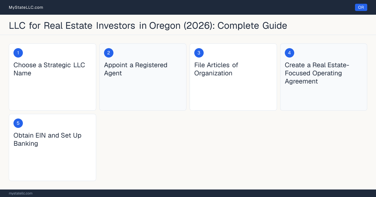 Step diagram for forming a professional LLC for Real Estate Investors in Oregon, showing each formation step and the state licensing requirement.
