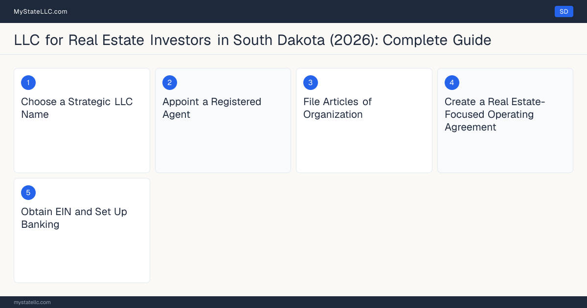 Step diagram for forming a professional LLC for Real Estate Investors in South Dakota, showing each formation step and the state licensing requirement.