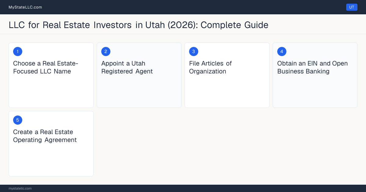 Step diagram for forming a professional LLC for Real Estate Investors in Utah, showing each formation step and the state licensing requirement.