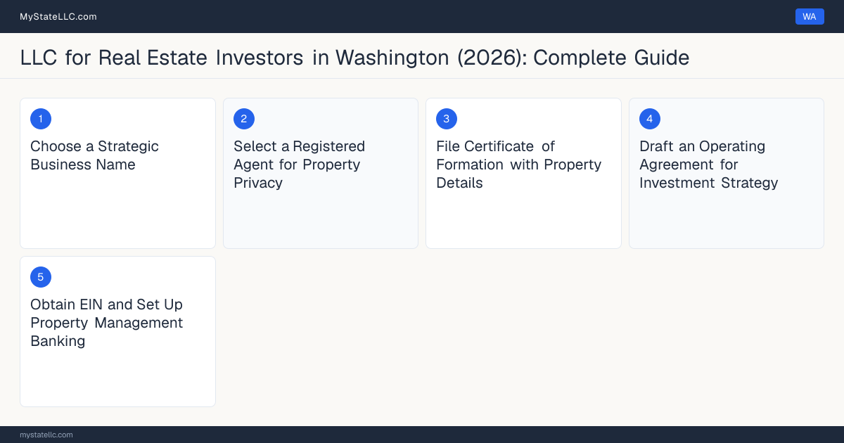 Step diagram for forming a professional LLC for Real Estate Investors in Washington, showing each formation step and the state licensing requirement.