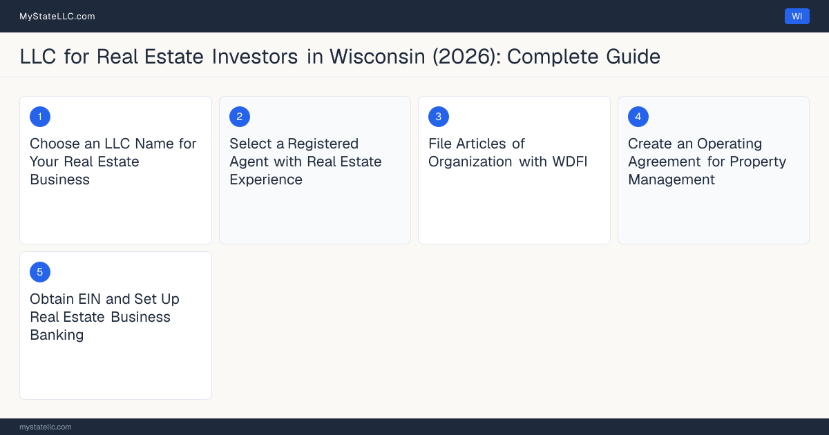 Step diagram for forming a professional LLC for Real Estate Investors in Wisconsin, showing each formation step and the state licensing requirement.