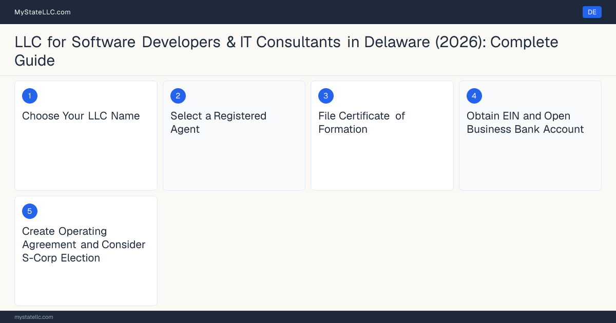 Step diagram for forming a professional LLC for Software Developers & IT Consultants in Delaware, showing each formation step and the state licensing requirement.