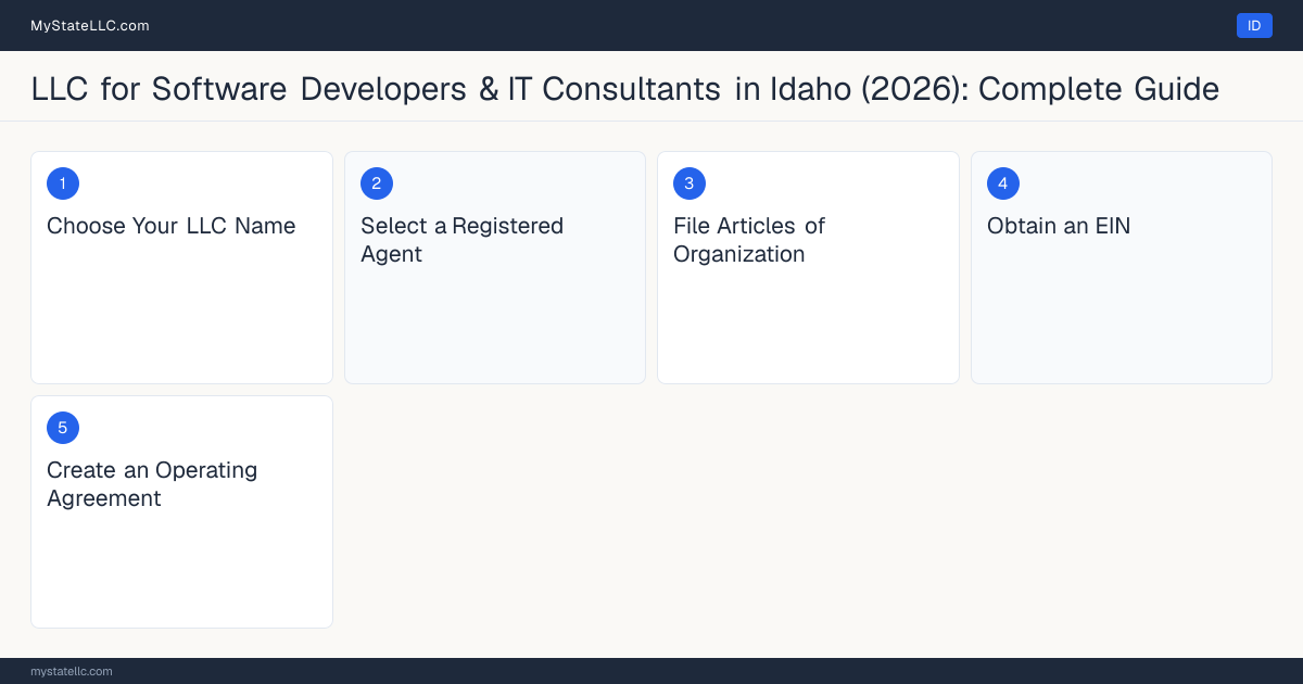 Step diagram for forming a professional LLC for Software Developers & IT Consultants in Idaho, showing each formation step and the state licensing requirement.