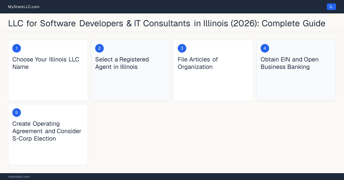 Step diagram for forming a professional LLC for Software Developers & IT Consultants in Illinois, showing each formation step and the state licensing requirement.