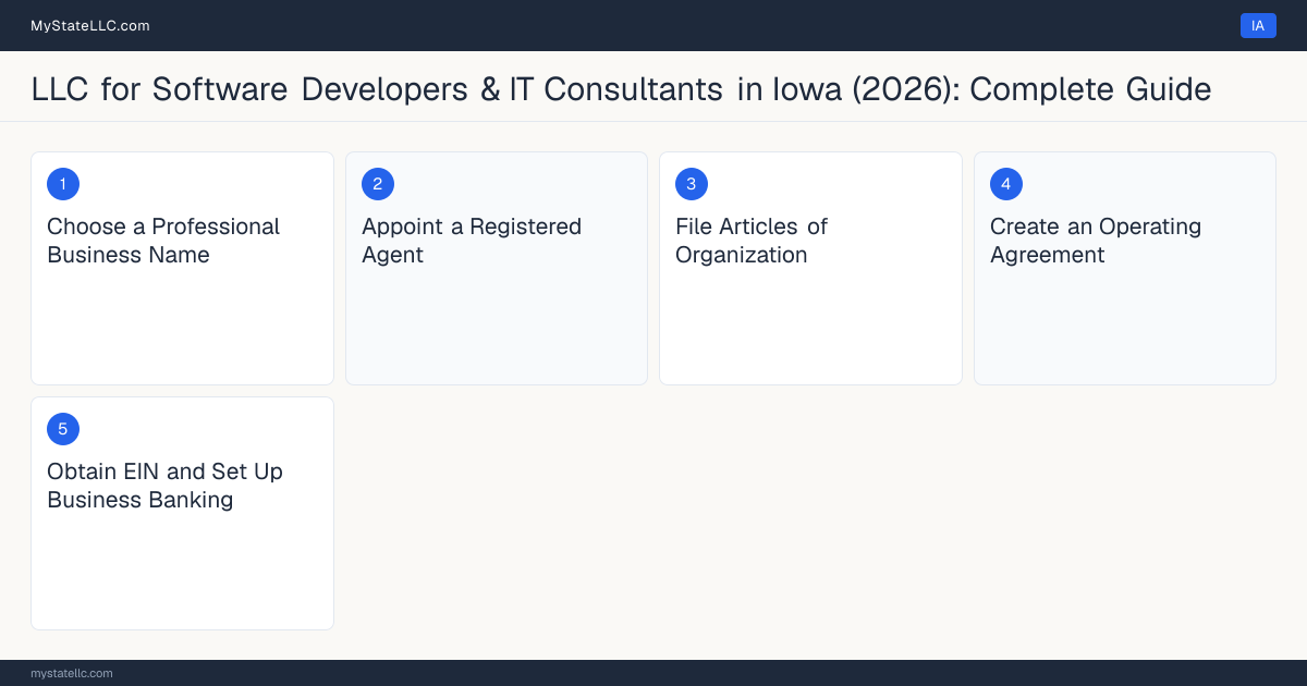 Step diagram for forming a professional LLC for Software Developers & IT Consultants in Iowa, showing each formation step and the state licensing requirement.