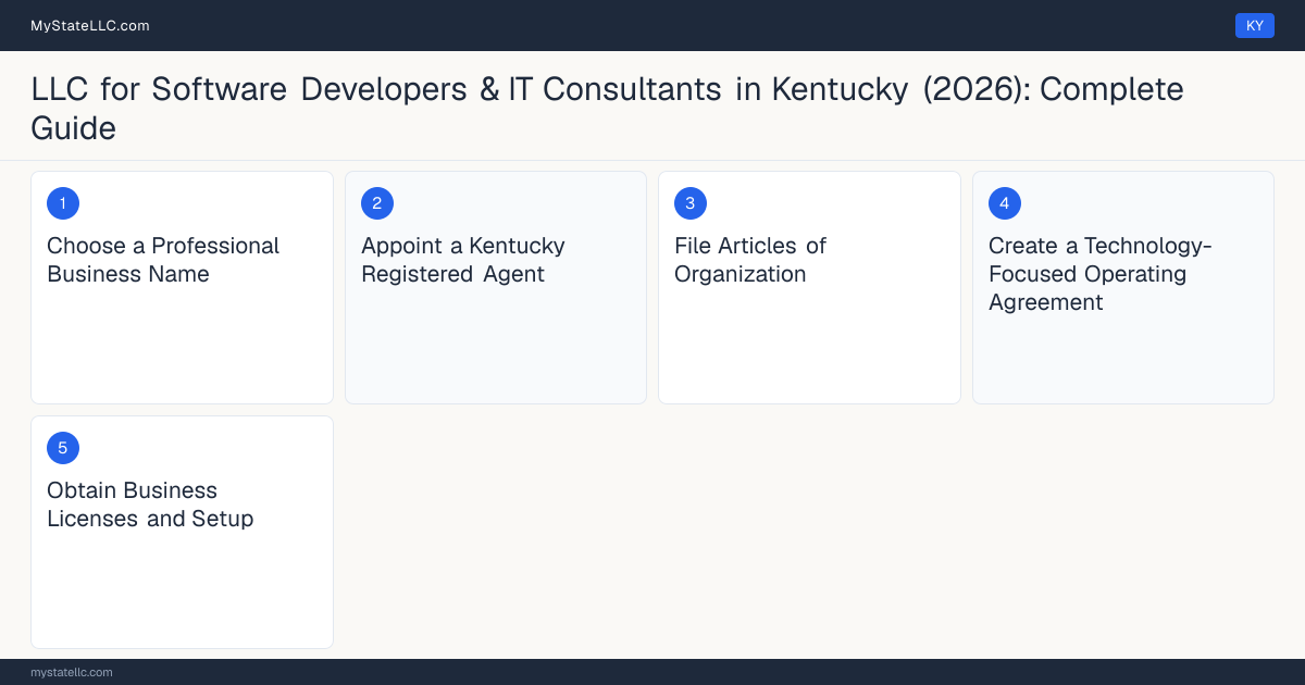 Step diagram for forming a professional LLC for Software Developers & IT Consultants in Kentucky, showing each formation step and the state licensing requirement.