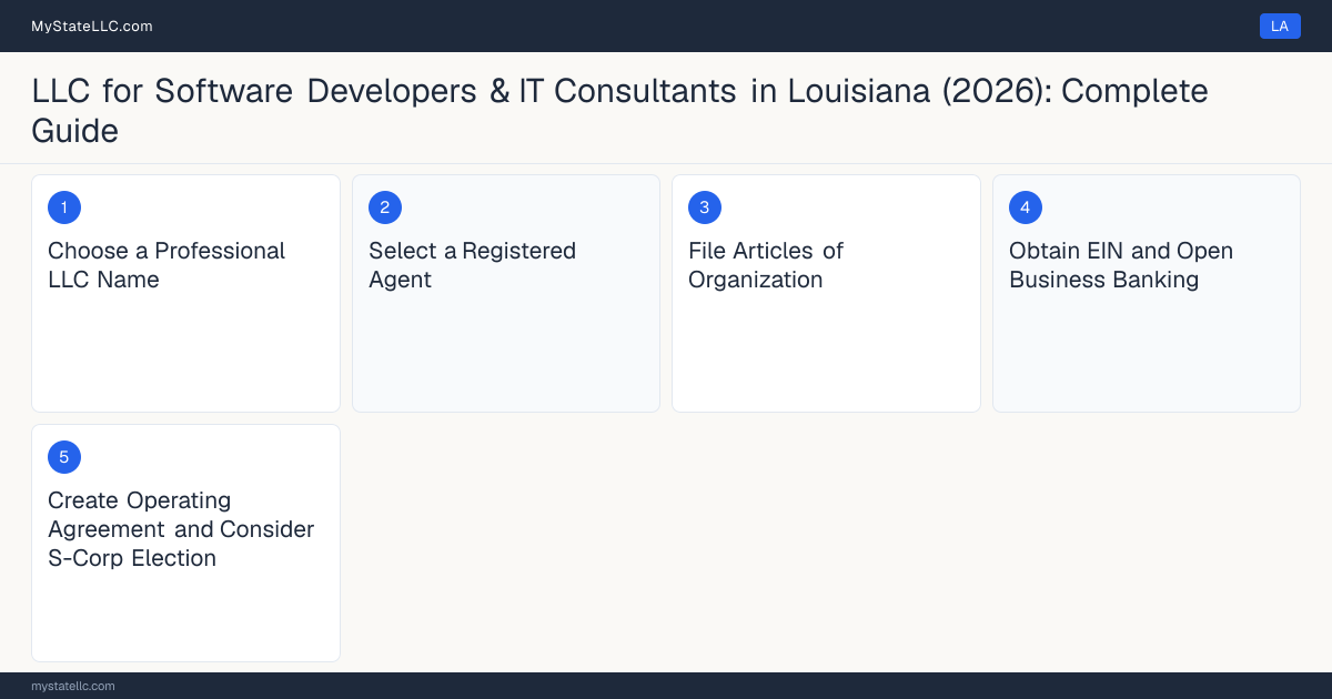 Step diagram for forming a professional LLC for Software Developers & IT Consultants in Louisiana, showing each formation step and the state licensing requirement.