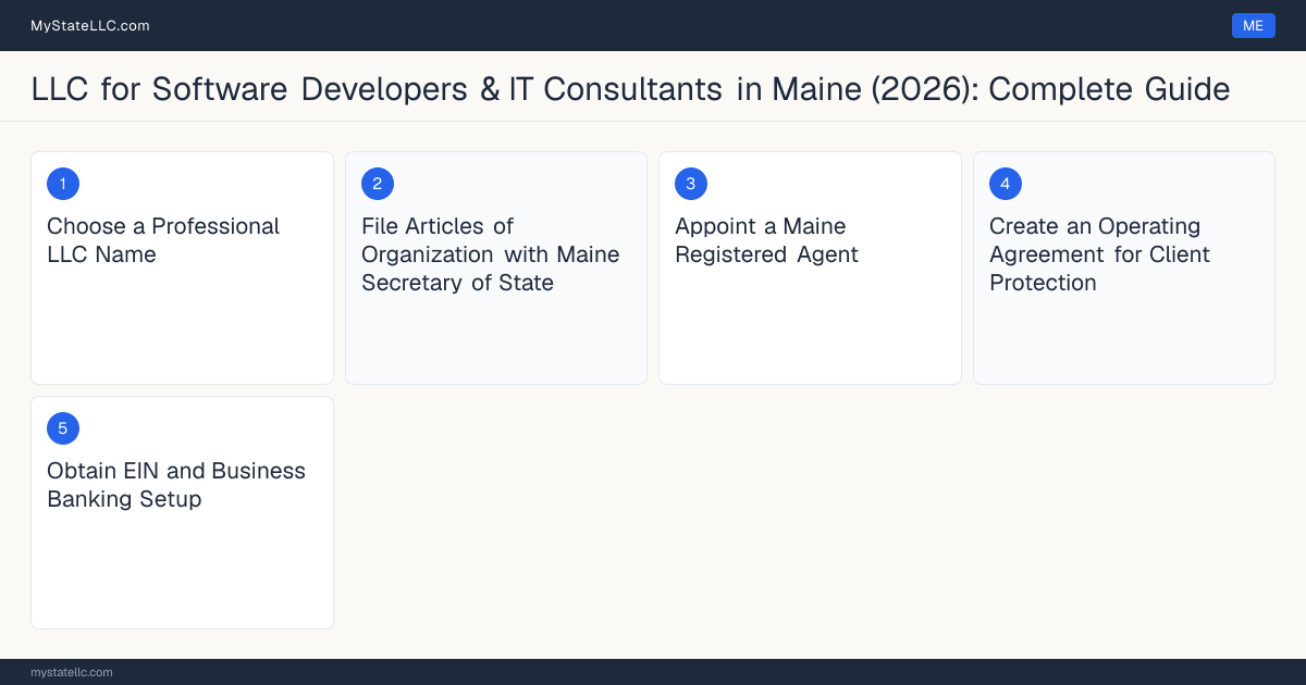 Step diagram for forming a professional LLC for Software Developers & IT Consultants in Maine, showing each formation step and the state licensing requirement.
