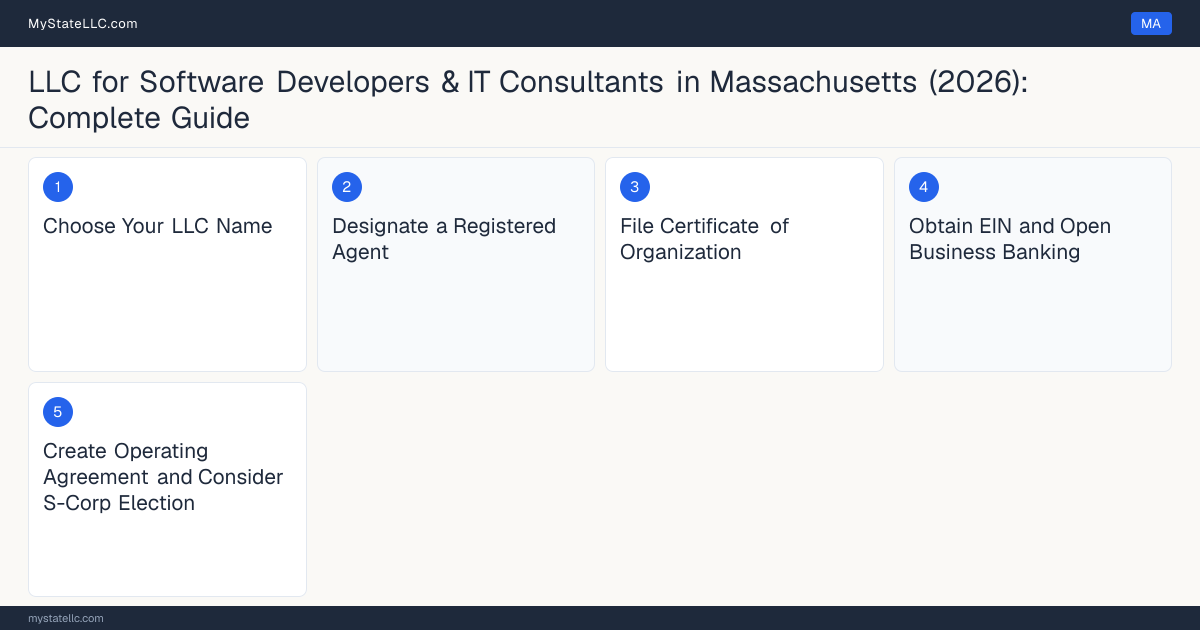Step diagram for forming a professional LLC for Software Developers & IT Consultants in Massachusetts, showing each formation step and the state licensing requirement.