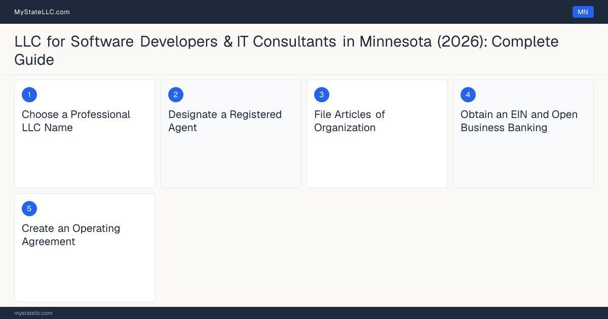 Step diagram for forming a professional LLC for Software Developers & IT Consultants in Minnesota, showing each formation step and the state licensing requirement.