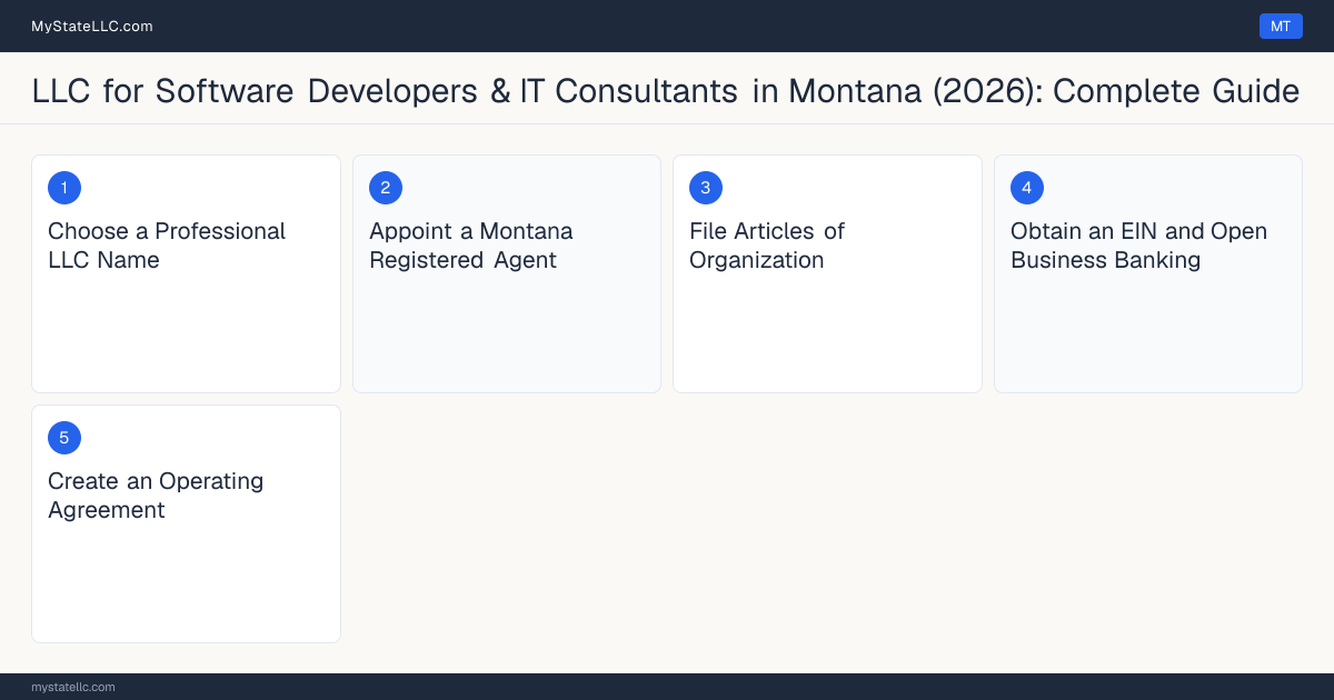 Step diagram for forming a professional LLC for Software Developers & IT Consultants in Montana, showing each formation step and the state licensing requirement.