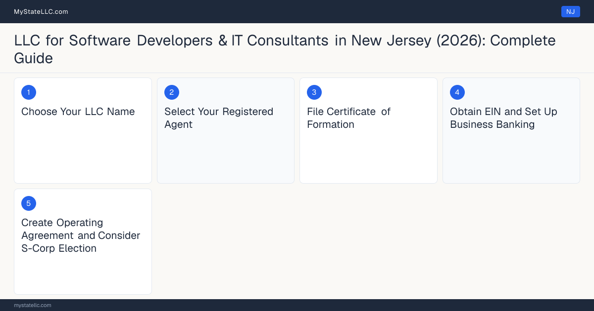 Step diagram for forming a professional LLC for Software Developers & IT Consultants in New Jersey, showing each formation step and the state licensing requirement.