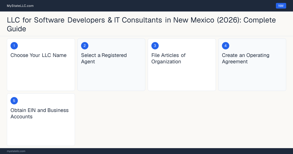 Step diagram for forming a professional LLC for Software Developers & IT Consultants in New Mexico, showing each formation step and the state licensing requirement.