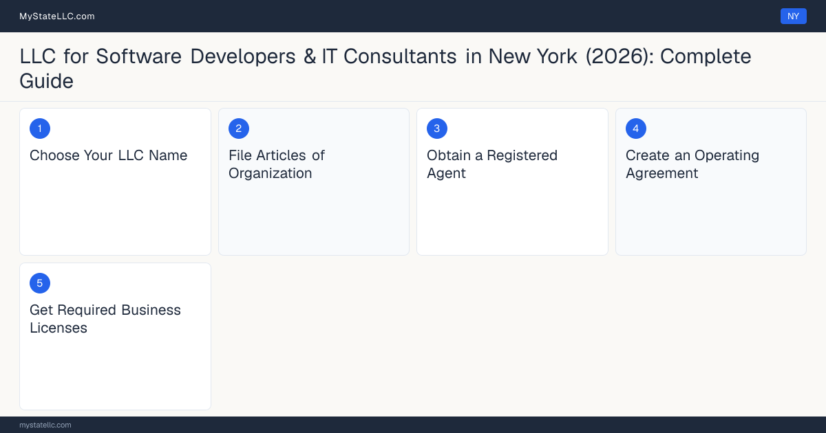 Step diagram for forming a professional LLC for Software Developers & IT Consultants in New York, showing each formation step and the state licensing requirement.