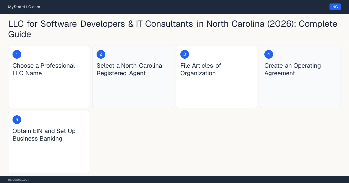 Step diagram for forming a professional LLC for Software Developers & IT Consultants in North Carolina, showing each formation step and the state licensing requirement.