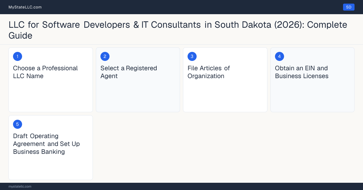 Step diagram for forming a professional LLC for Software Developers & IT Consultants in South Dakota, showing each formation step and the state licensing requirement.