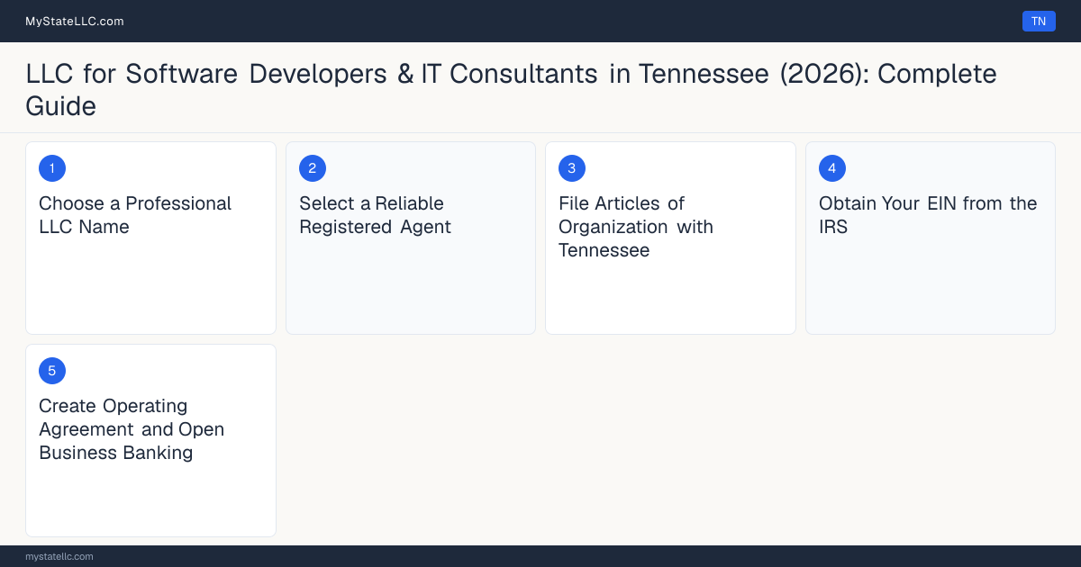 Step diagram for forming a professional LLC for Software Developers & IT Consultants in Tennessee, showing each formation step and the state licensing requirement.