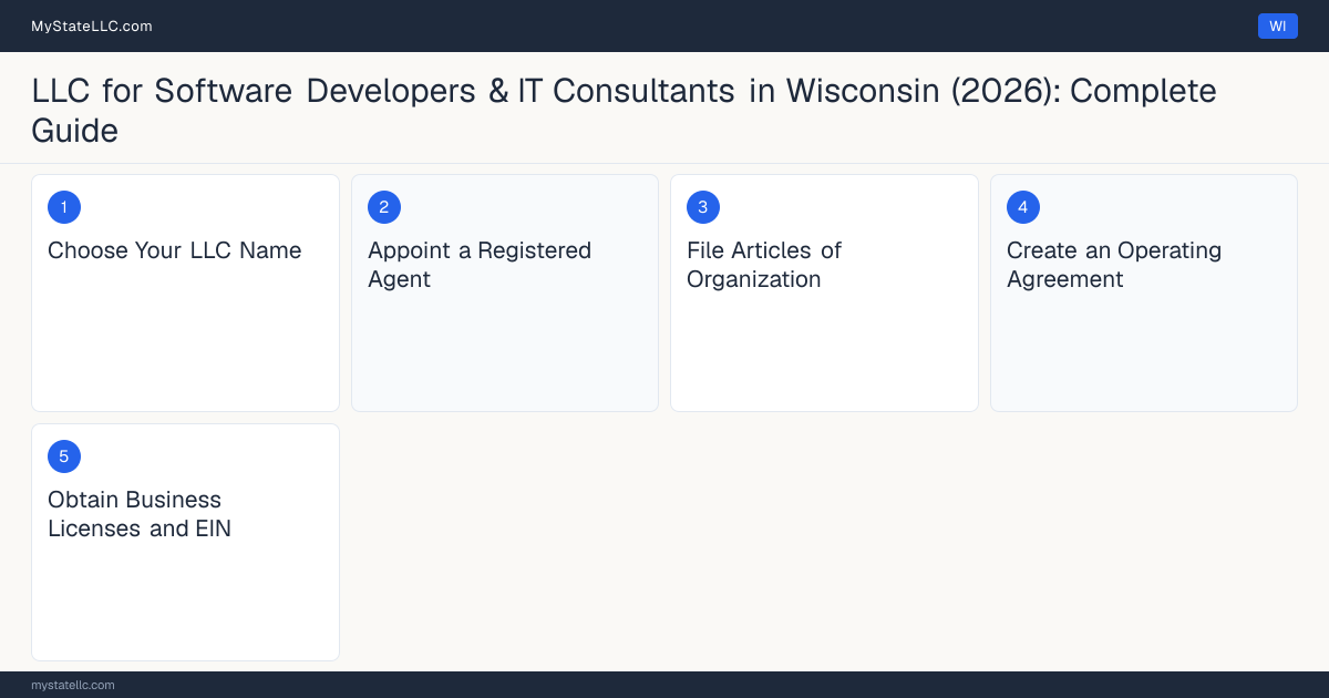 Step diagram for forming a professional LLC for Software Developers & IT Consultants in Wisconsin, showing each formation step and the state licensing requirement.