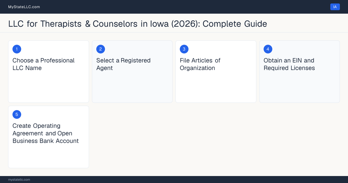 Step diagram for forming a professional LLC for Therapists & Counselors in Iowa, showing each formation step and the Licensed Mental Health Counselor (LMHC) the state requires first.