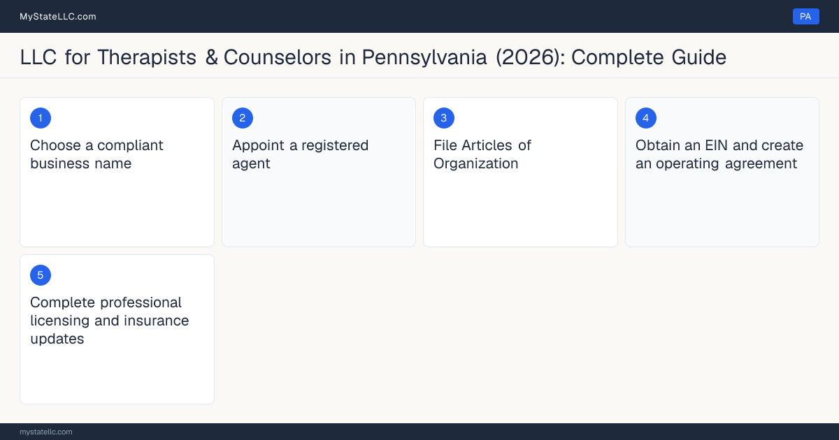 Step diagram for forming a professional LLC for Therapists & Counselors in Pennsylvania, showing each formation step and the Licensed Professional Counselor (LPC) or Licensed Marr… the state requires first.