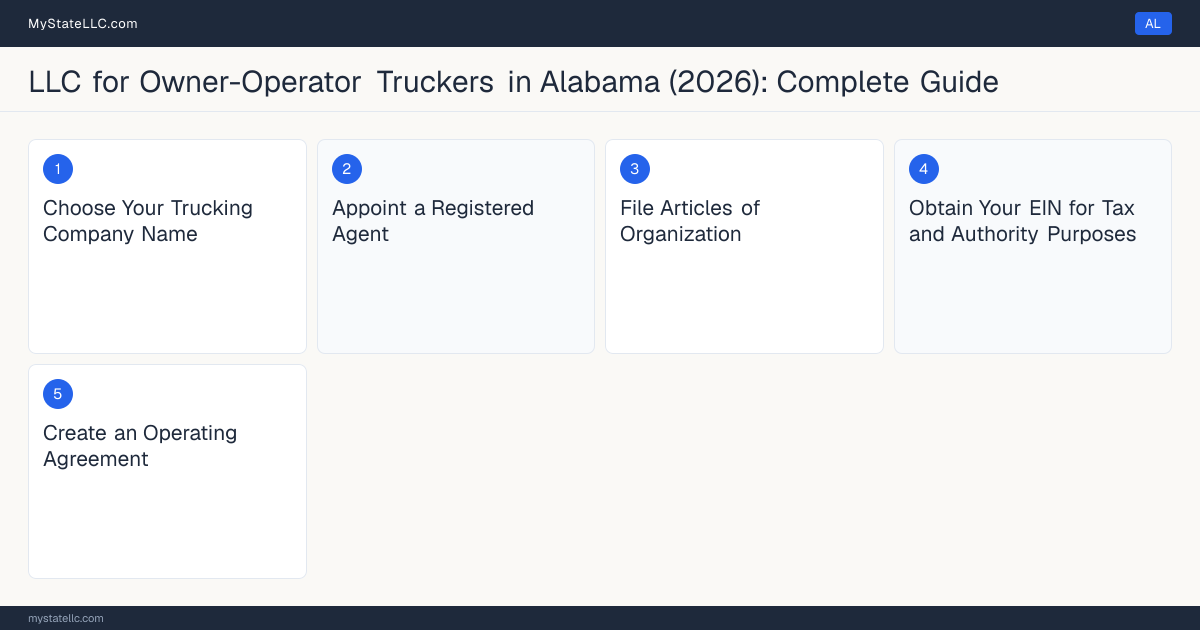 Step diagram for forming a professional LLC for Owner-Operator Truckers in Alabama, showing each formation step and the Commercial Driver's License (CDL) Class A the state requires first.
