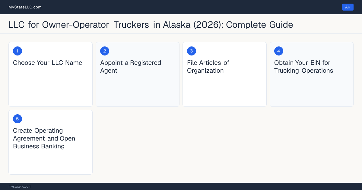 Step diagram for forming a professional LLC for Owner-Operator Truckers in Alaska, showing each formation step and the Commercial Driver's License (CDL) Class A the state requires first.
