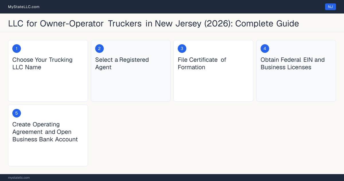 Step diagram for forming a professional LLC for Owner-Operator Truckers in New Jersey, showing each formation step and the Commercial Driver's License (CDL) / USDOT Number the state requires first.