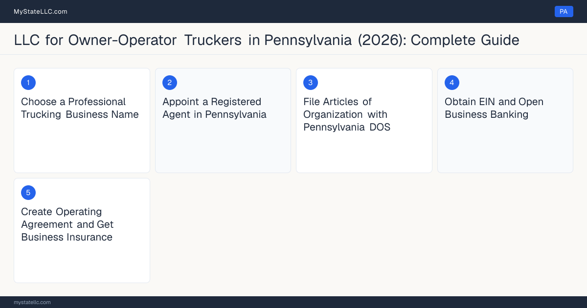 Step diagram for forming a professional LLC for Owner-Operator Truckers in Pennsylvania, showing each formation step and the Commercial Driver's License (CDL) / Intrastate Motor C… the state requires first.