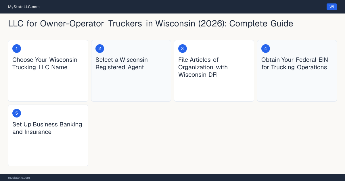 Step diagram for forming a professional LLC for Owner-Operator Truckers in Wisconsin, showing each formation step and the Commercial Driver's License (CDL) / Motor Carrier Regi… the state requires first.