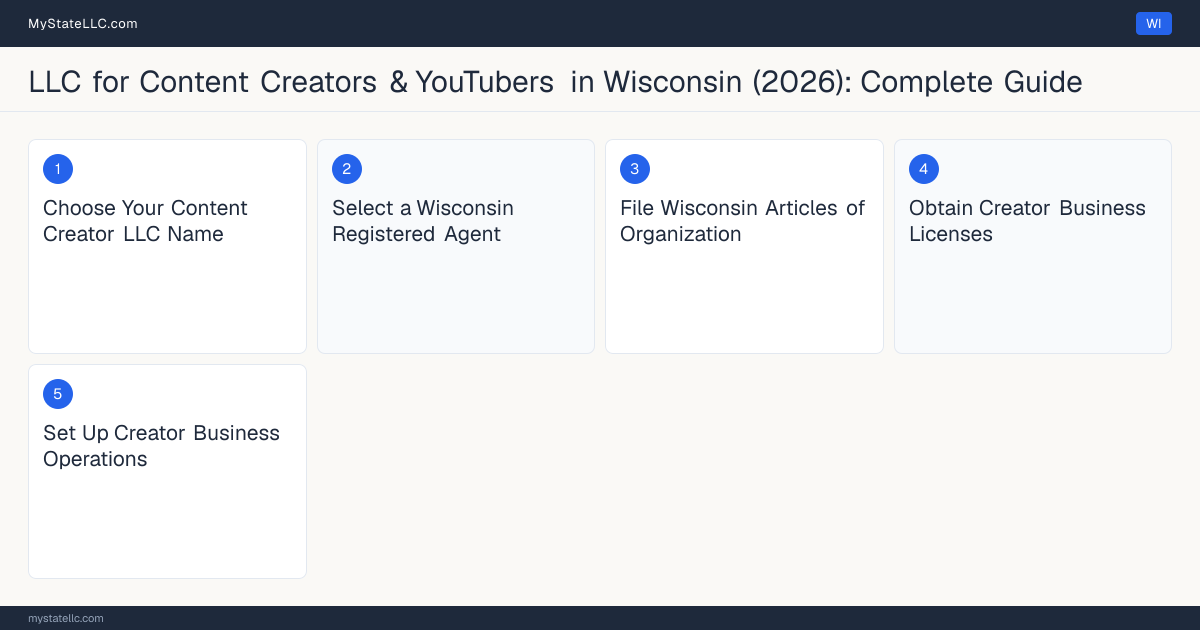 Step diagram for forming a professional LLC for Content Creators & YouTubers in Wisconsin, showing each formation step and the state licensing requirement.